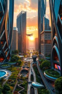 Futuristic Cityscape with Glass Towers – free AI stock image