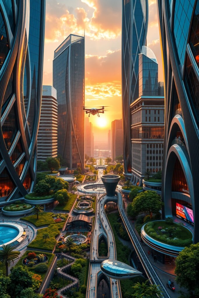 Futuristic Cityscape with Glass Towers – free AI stock image