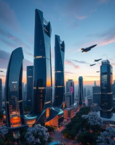 Futuristic Cityscape with Glass Towers – free AI stock image