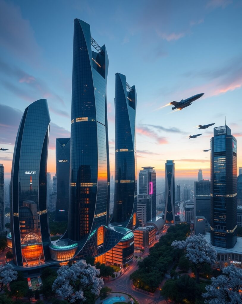 Futuristic Cityscape with Glass Towers – free AI stock image