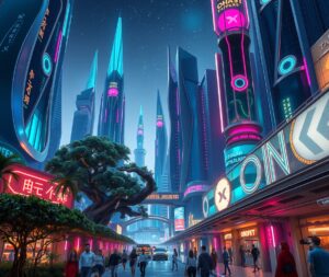 Futuristic Cityscape with Glowing Skyscrapers – free AI stock image