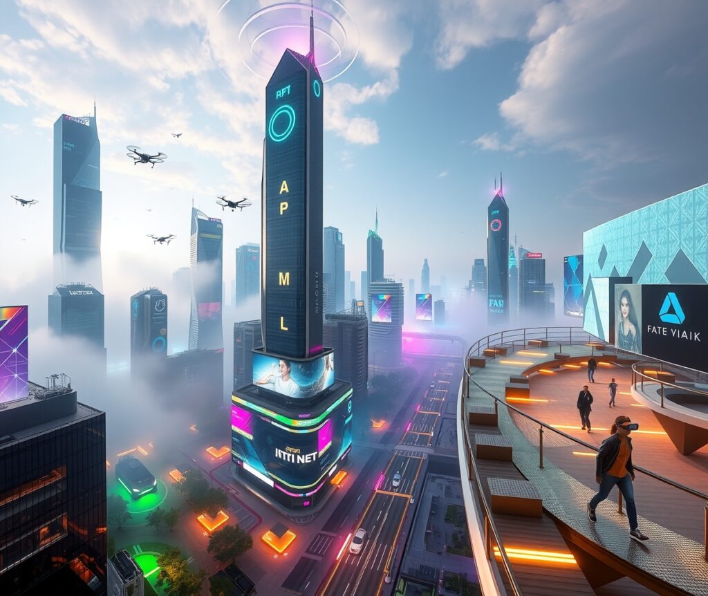 Futuristic Cityscape with Glowing Technology – free AI stock image