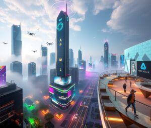 Futuristic Cityscape with Glowing Technology – free AI stock image