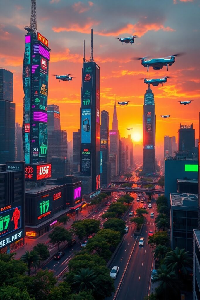 Futuristic Cityscape with Glowing Technology – free AI stock image
