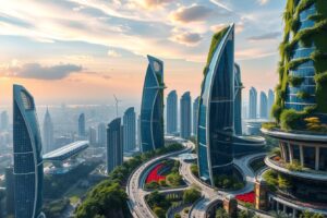 Futuristic Cityscape with Green Architecture – free AI stock image
