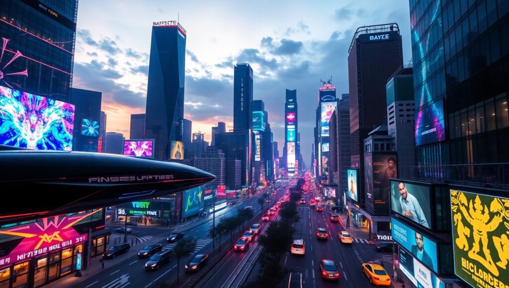 Futuristic Cityscape with Hovering Vehicles – free AI stock image