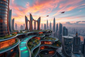 Futuristic Cityscape with Innovative Structures – free AI stock image