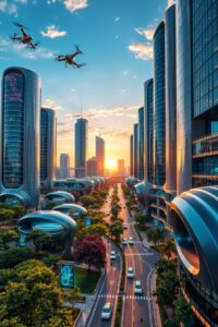 Futuristic Cityscape with Integrated Technology – free AI stock image