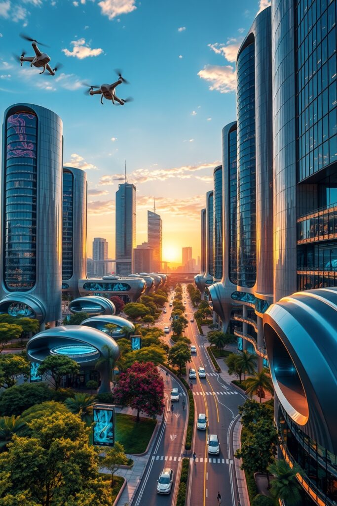 Futuristic Cityscape with Integrated Technology – free AI stock image