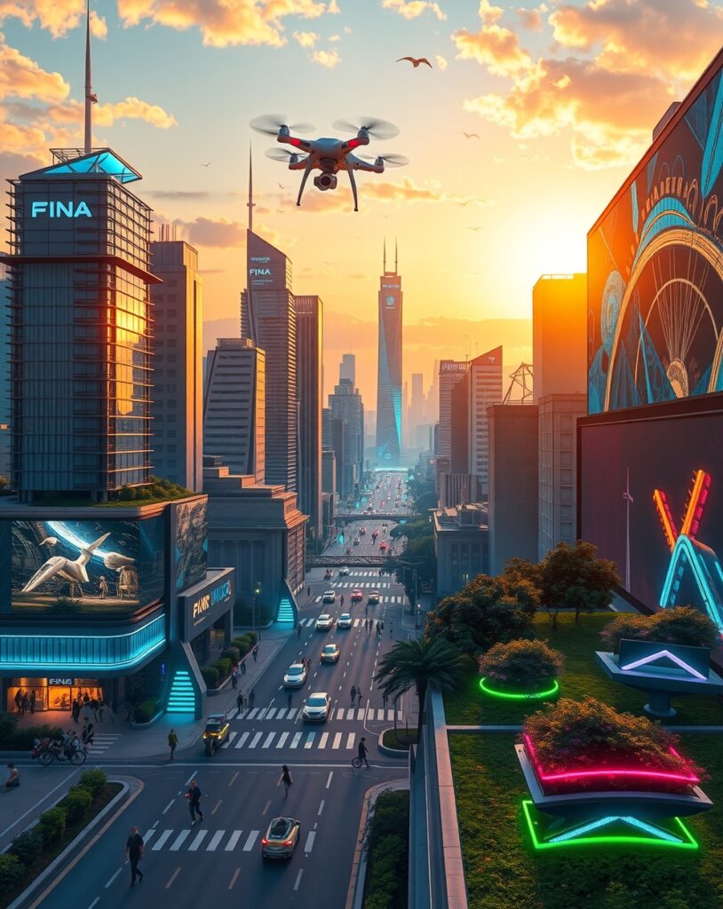 Futuristic Cityscape with Integrated Technology – free AI stock image