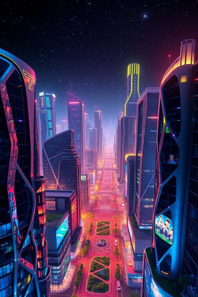Futuristic Cityscape with Luminous Skyscrapers – free AI stock image
