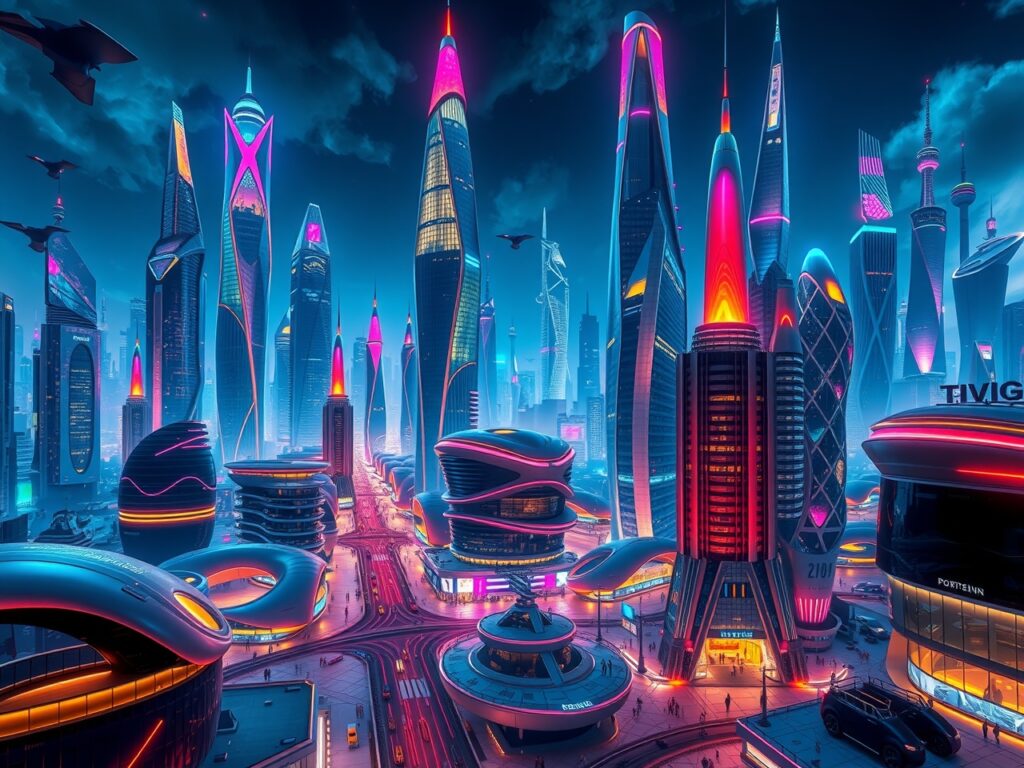 Futuristic Cityscape with Neon Architecture – free AI stock image