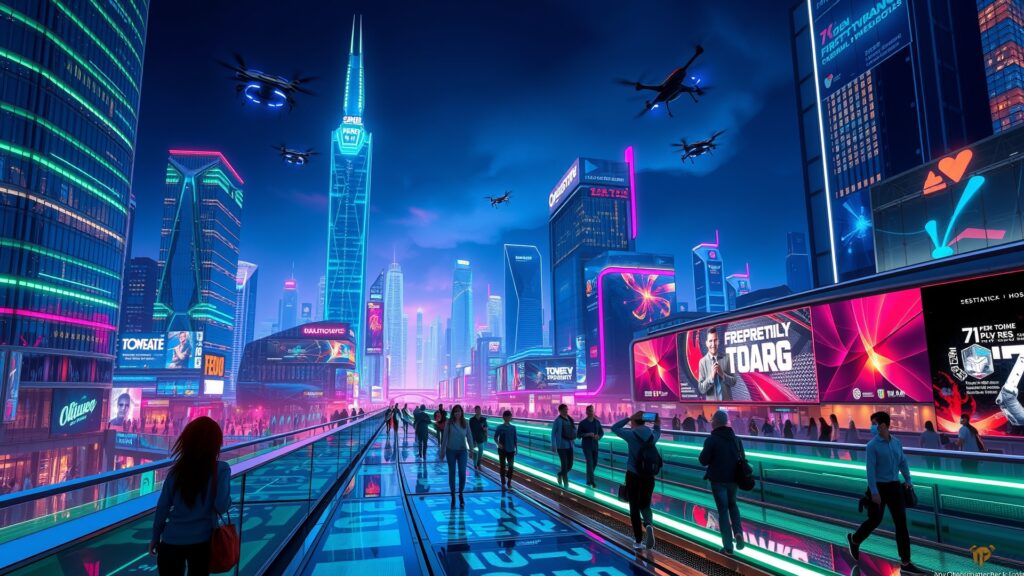 Futuristic Cityscape with Neon Lights and Hovering Vehicles image – free AI stock image
