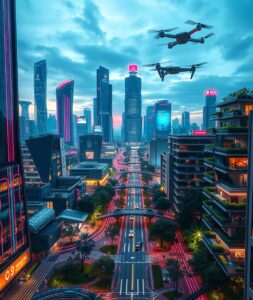 Futuristic Cityscape with Neon Networks – free AI stock image
