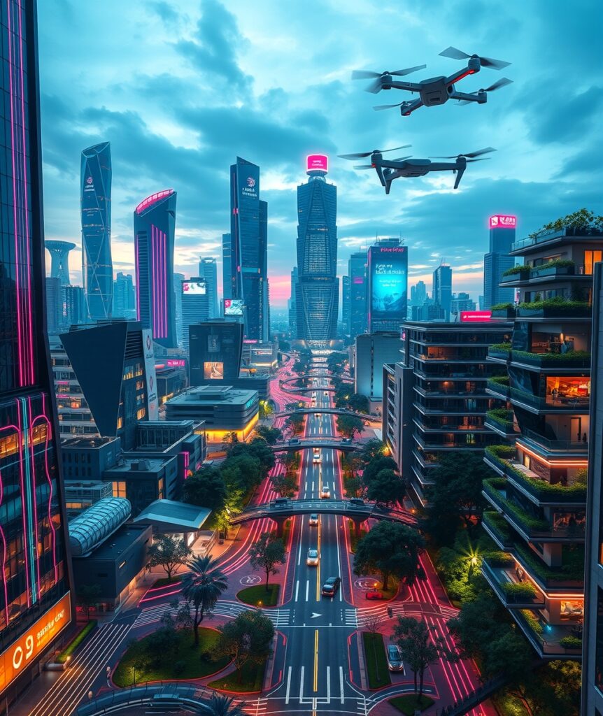 Futuristic Cityscape with Neon Networks – free AI stock image