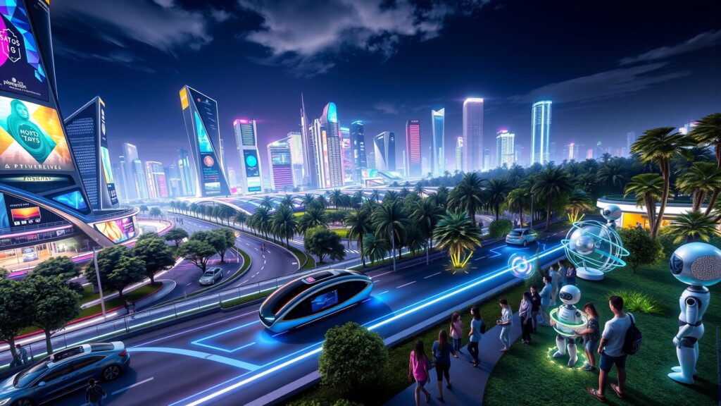 Futuristic Cityscape with Neon Technology Image – free AI stock image