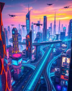 Futuristic Cityscape with Neon Technology Lights – free AI stock image