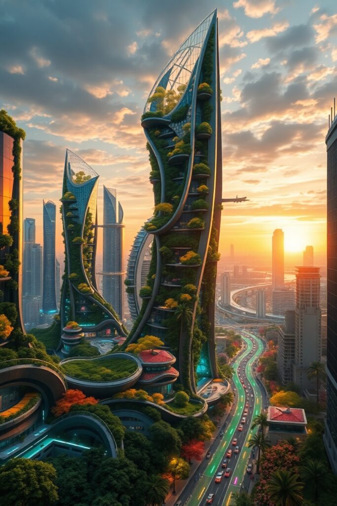 Futuristic Cityscape with Organic Architecture – free AI stock image