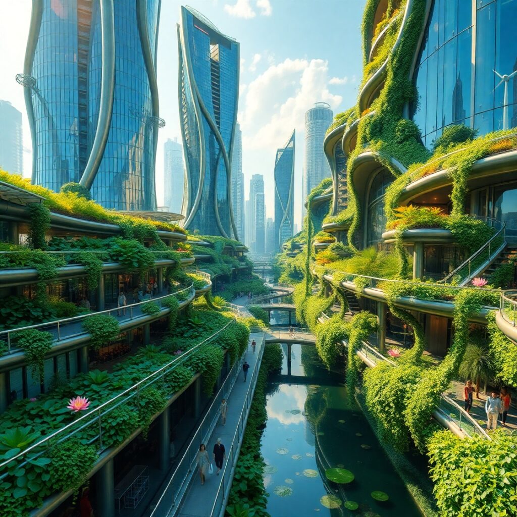 Futuristic Cityscape with Organic Architecture – free AI stock image