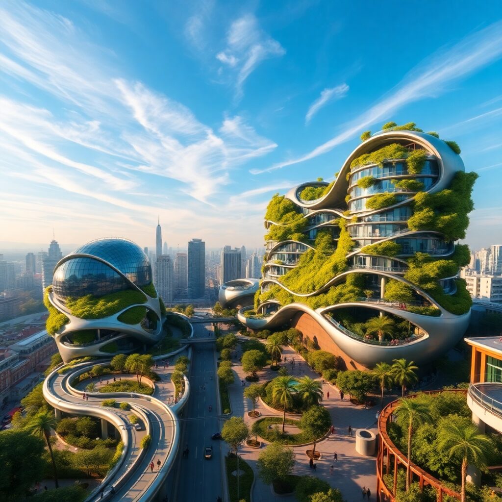 Futuristic Cityscape with Organic Architecture – free AI stock image