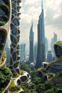 Futuristic Cityscape with Organic Architecture – free AI stock image