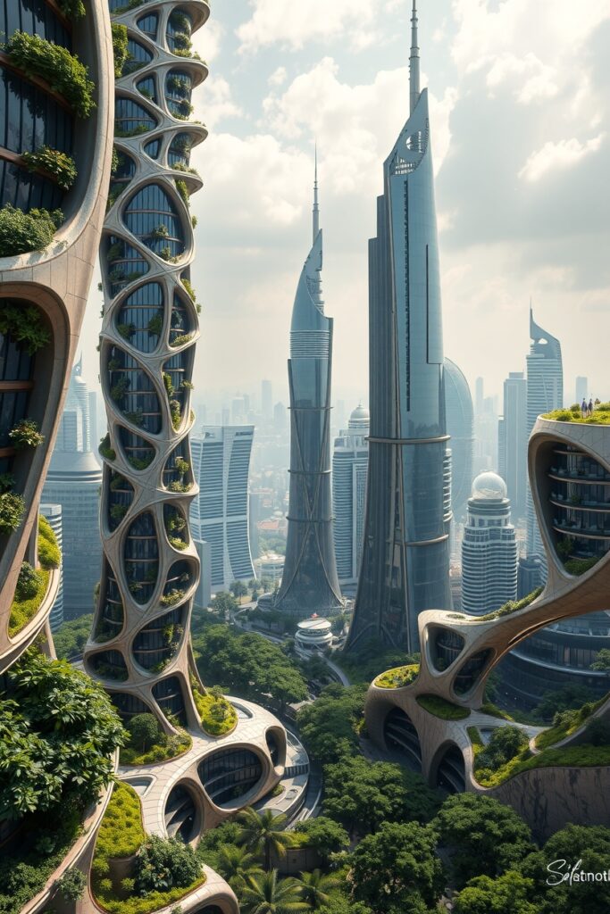 Futuristic Cityscape with Organic Architecture – free AI stock image