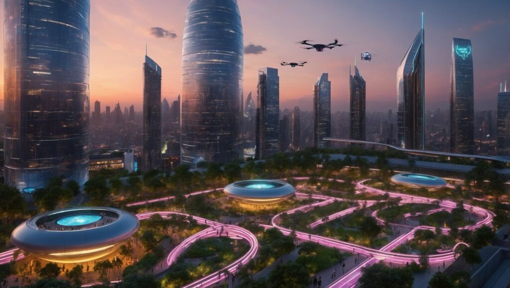 Futuristic Cityscape with Robotics Integration – free AI stock image