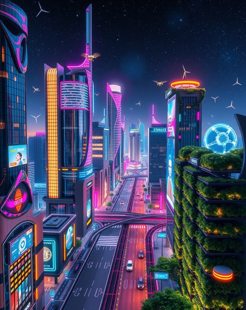 Futuristic Cityscape with Smart Technology Integration – free AI stock image