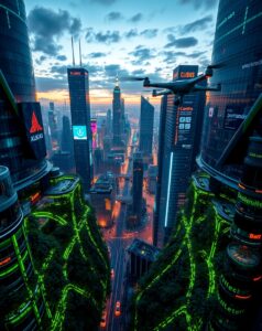 Futuristic Cityscapes Glowing with Technology – free AI stock image
