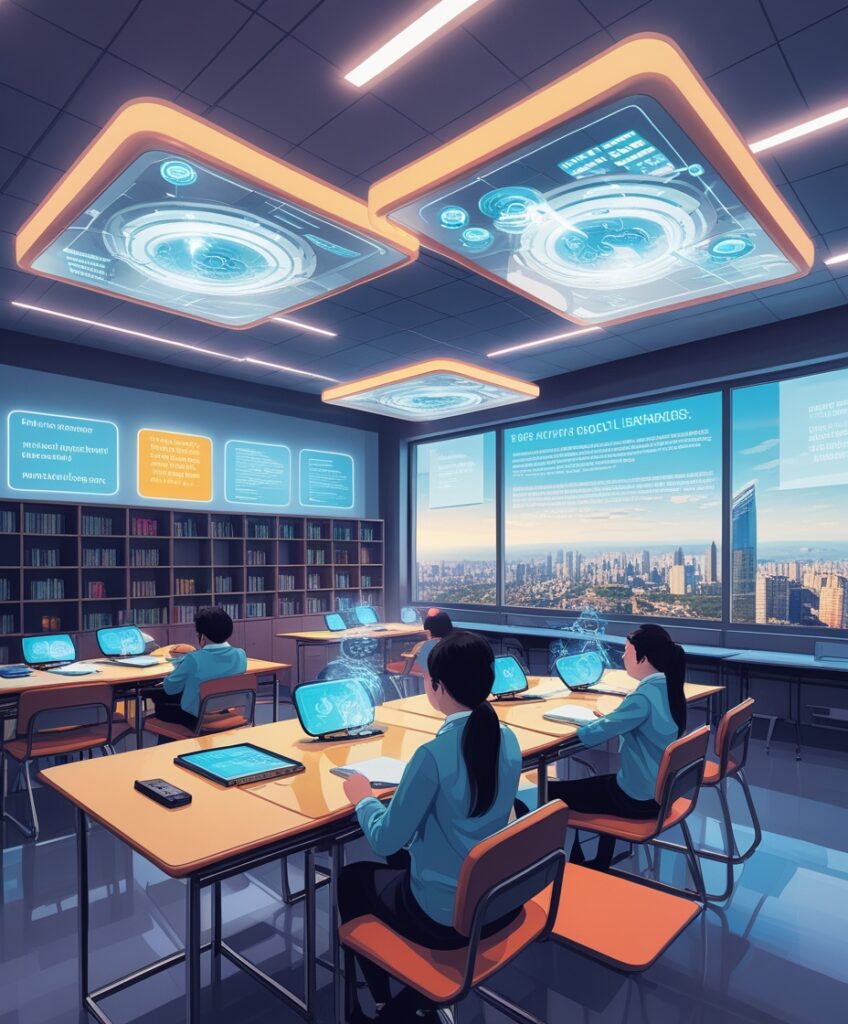 Futuristic Classroom with Interactive Holograms – free AI stock image