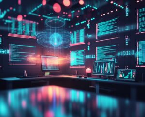 Futuristic Coding Environment with Neon Lights – free AI stock image