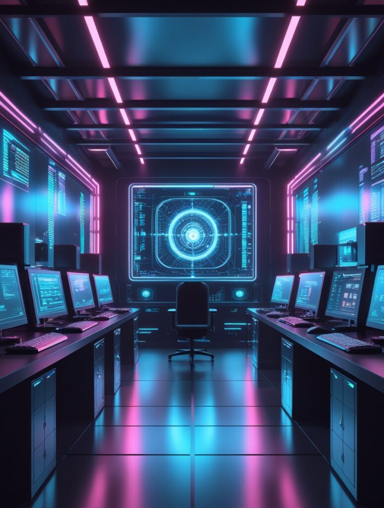 Futuristic Computer Lab with Holographic Displays – free AI stock image