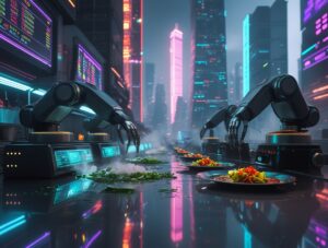 Futuristic Cooking Scene in Cyberpunk City – free AI stock image