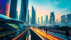 Futuristic Dawn: City in Motion – free AI stock image