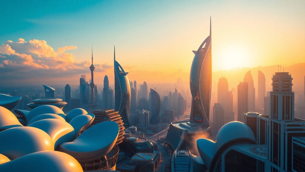 Futuristic Dawn Cityscape – free AI stock image