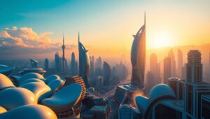 Futuristic Dawn Cityscape – free AI stock image