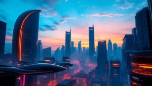 Futuristic Dusk Cityscape – free AI stock image