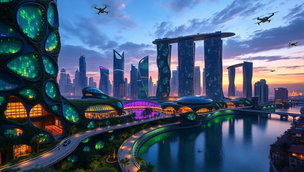 Futuristic Eco-City at Dusk – free AI stock image