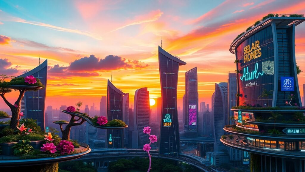 Futuristic Eco-City at Sunset – free AI stock image