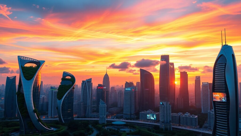 Futuristic Eco-City Skyline – free AI stock image