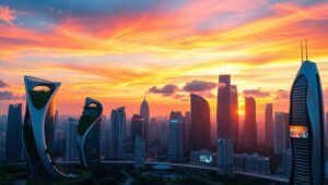 Futuristic Eco-City Skyline – free AI stock image