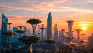 Futuristic Floating Garden City – free AI stock image