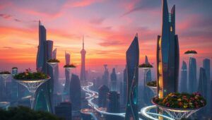 Futuristic Floating Gardens Skyline – free AI stock image