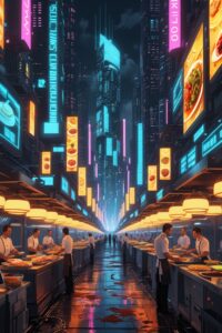 Futuristic Food Market in Cyberpunk City – free AI stock image