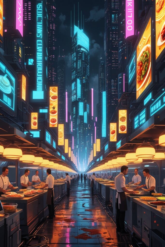 Futuristic Food Market in Cyberpunk City – free AI stock image