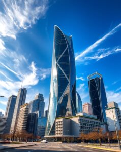 Futuristic Glass Skyscraper in Urban Cityscape – free AI stock image