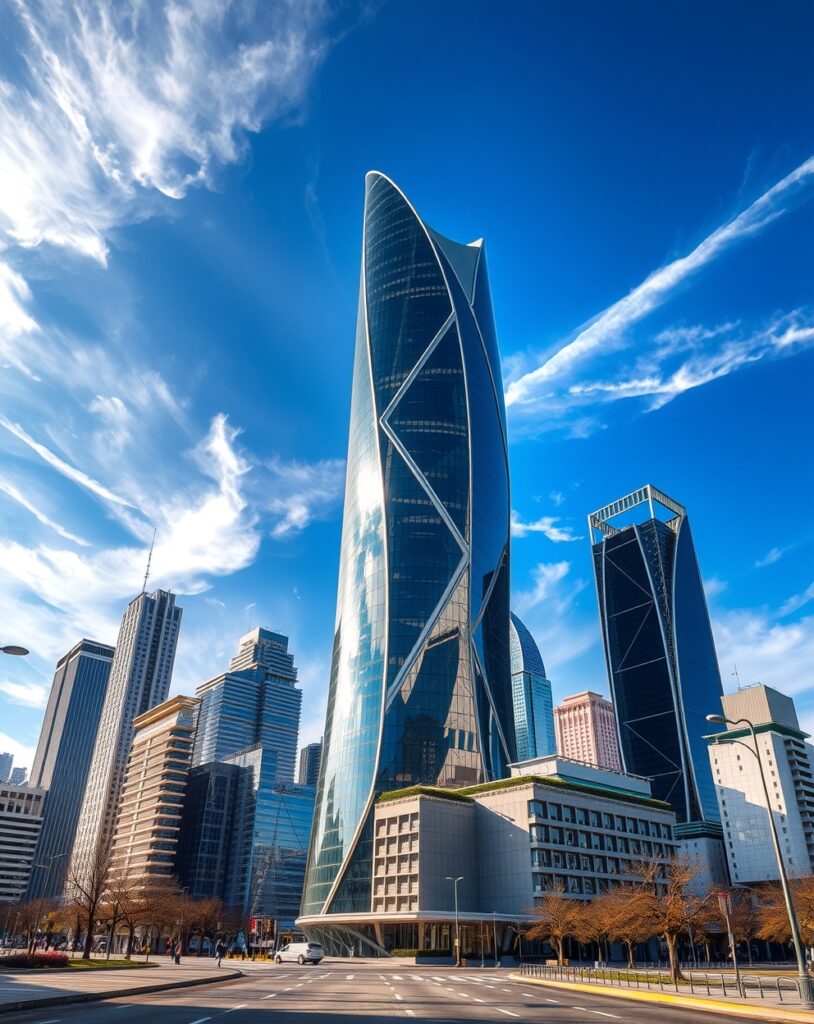 Futuristic Glass Skyscraper in Urban Cityscape – free AI stock image