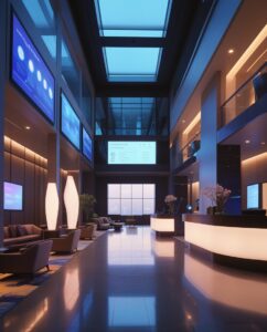 Futuristic Hotel Lobby with Interactive Screens – free AI stock image