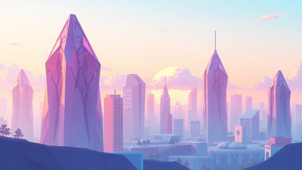 Futuristic Low-Poly City Skyline – free AI stock image