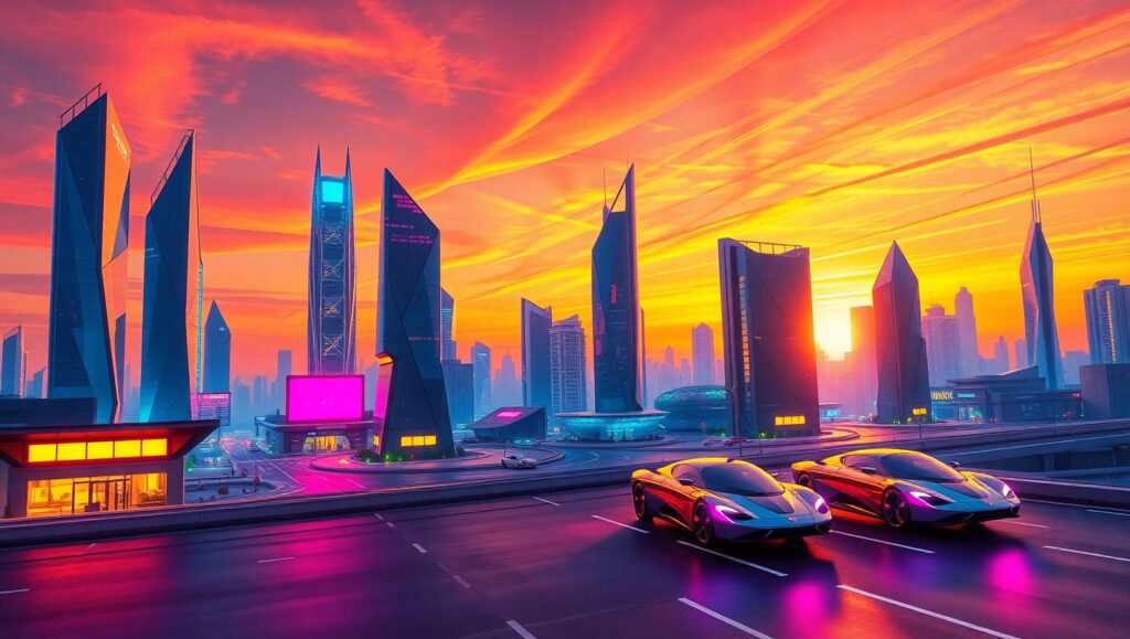 Futuristic Low-Poly Cityscape – free AI stock image